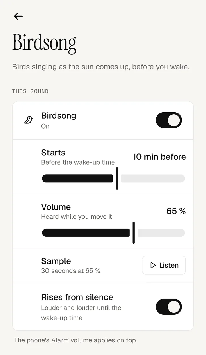 Birdsong's page in Settings: when it starts, its volume, a sample to listen to, and whether it rises from silence.
