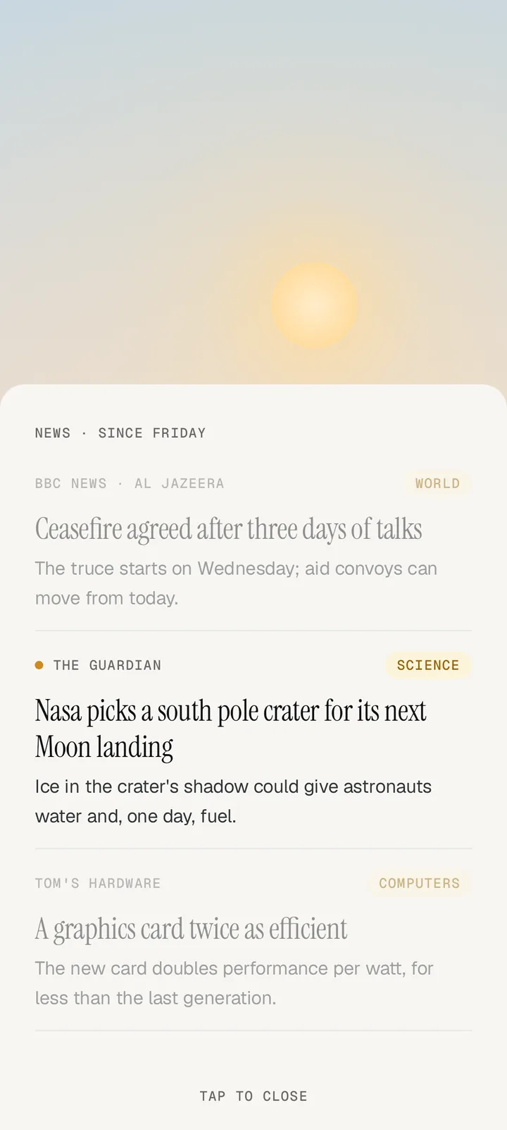 The morning news: headlines and short summaries, the story being read marked with a small sun.