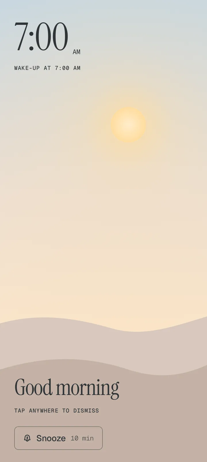 The wake-up screen at 7:00: a pale morning sky over two hills, Good morning, and a Snooze button.