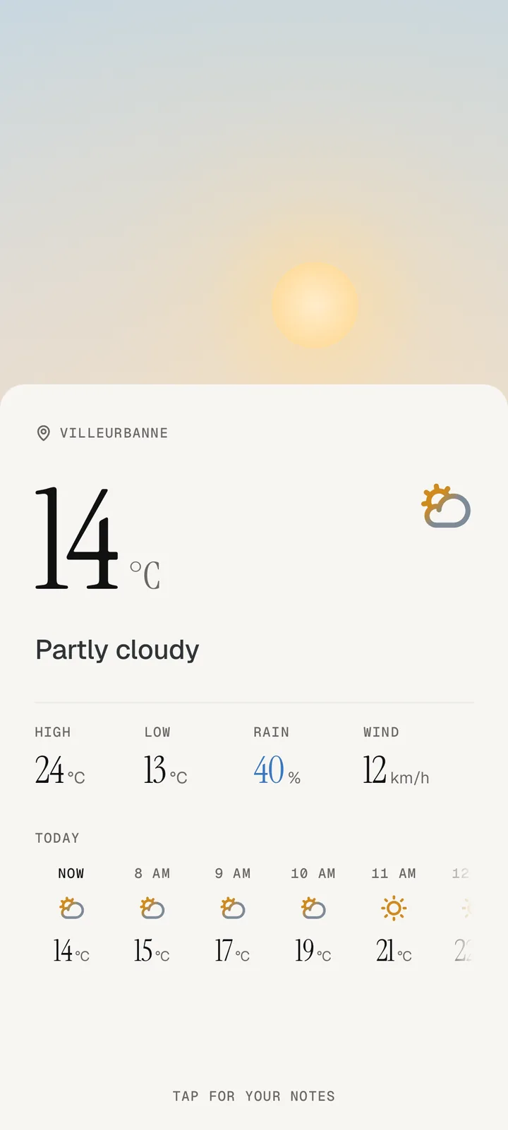 The weather after the alarm: 14 degrees and partly cloudy in Villeurbanne, then the rest of the day hour by hour.